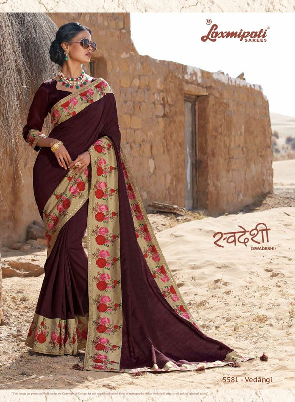 Laxmipati Swadeshi 5581 Brown Satin Silk Saree