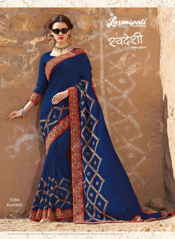 Laxmipati Swadeshi 5584 Blue Satin Silk Saree