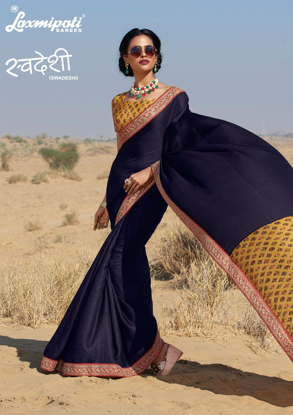 Laxmipati Swadeshi 5585 Blue Satin Silk Saree