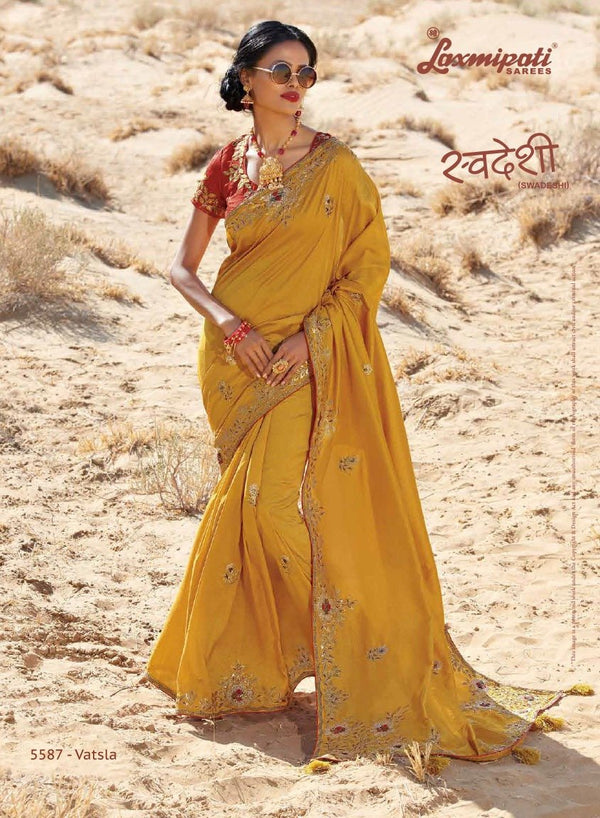 Laxmipati Swadeshi 5587 Yellow Satin Silk Saree