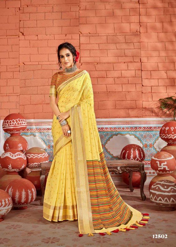 Vallabhi Grisha Vl-12502 Yellow Soft Cotton Saree