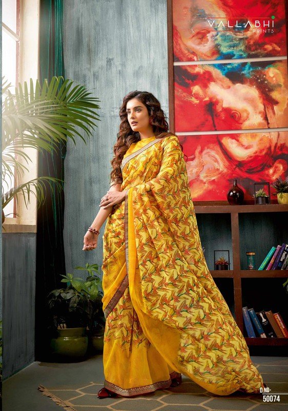 Vallabhi Leaf Vl-50074 Yellow Georgette Saree