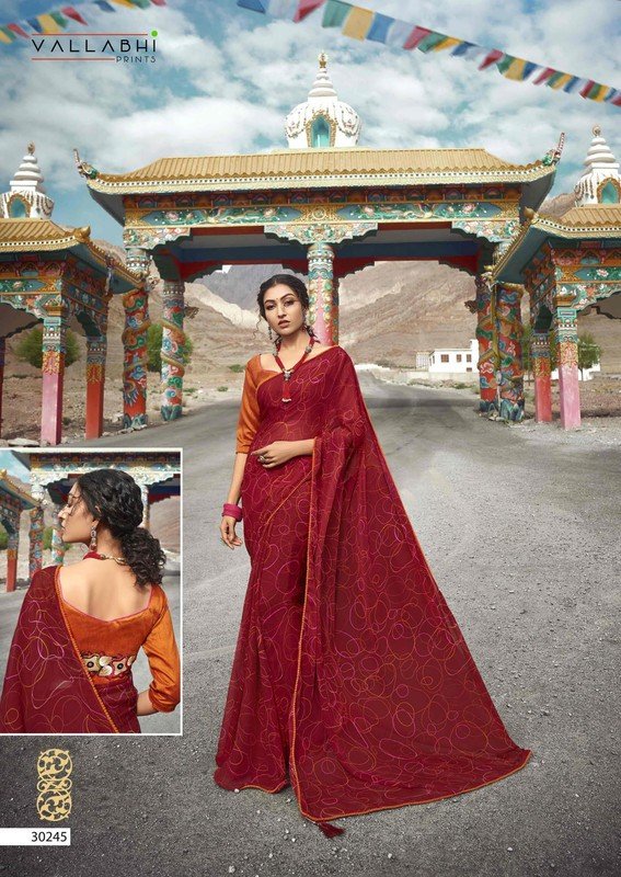 Vallabhi Morpich Vl-30245 Red Chiffon Saree