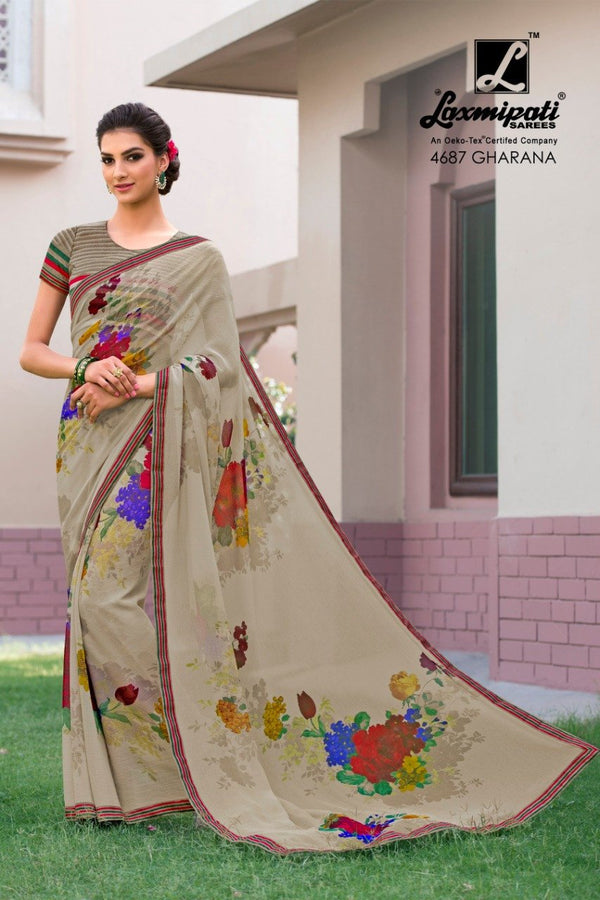 Laxmipati Vasundhara 4687 Cream Chiffon Saree