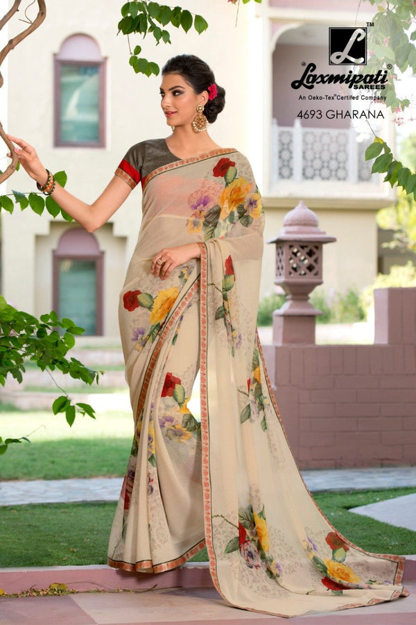 Laxmipati Old Hit 4693 Cream Chiffon Saree