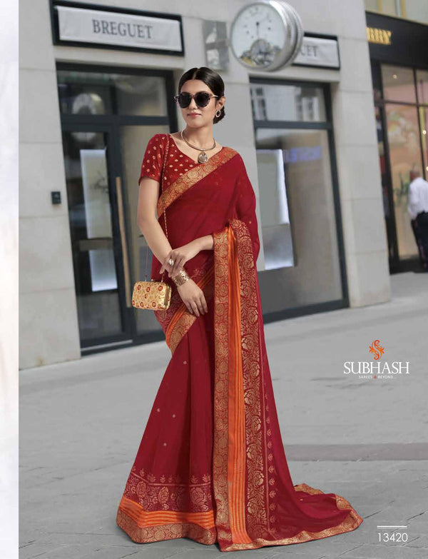 Subhash Old Hit Sb-13420 Red Chiffon Saree