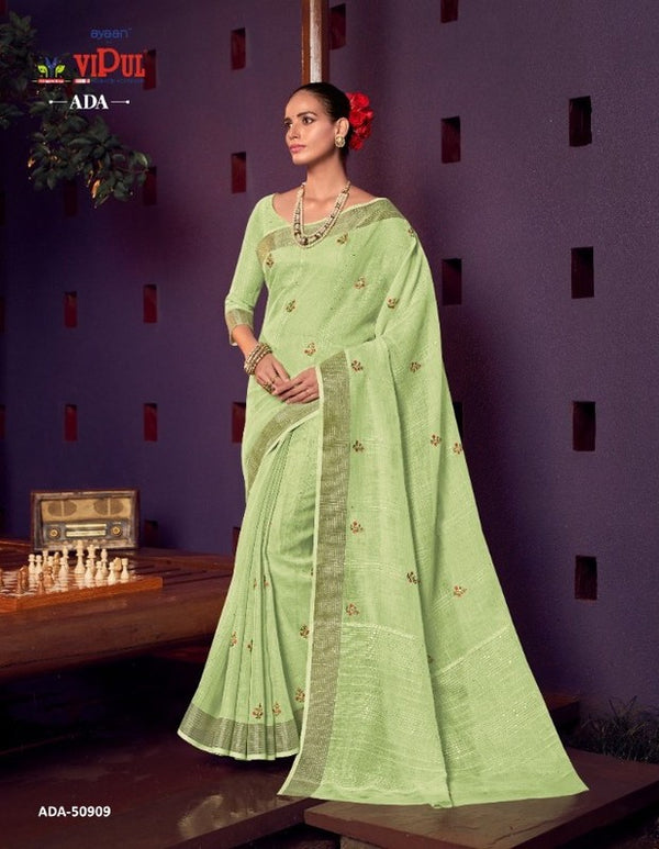 Vipul Ada Vp-50909 Green Linen Silk Saree