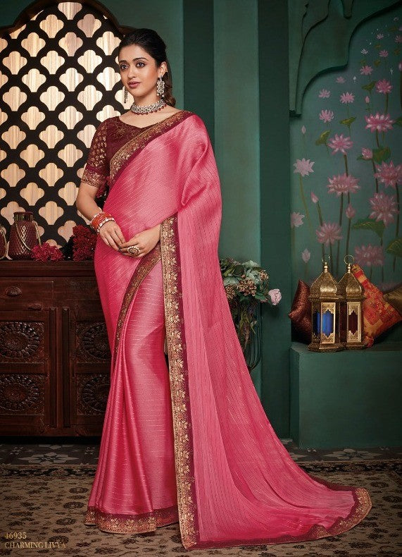 Vipul Livya Attraction Vp-46935 Pink Silk Chiffon Saree